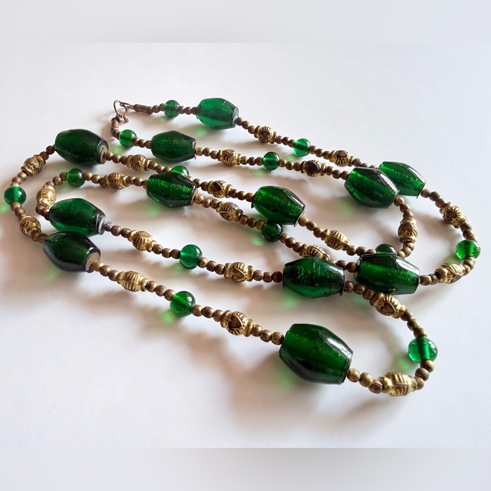 Vintage Byzantine Green Lampwork Glass Bead & Brass Tone Heart Detailed Necklace